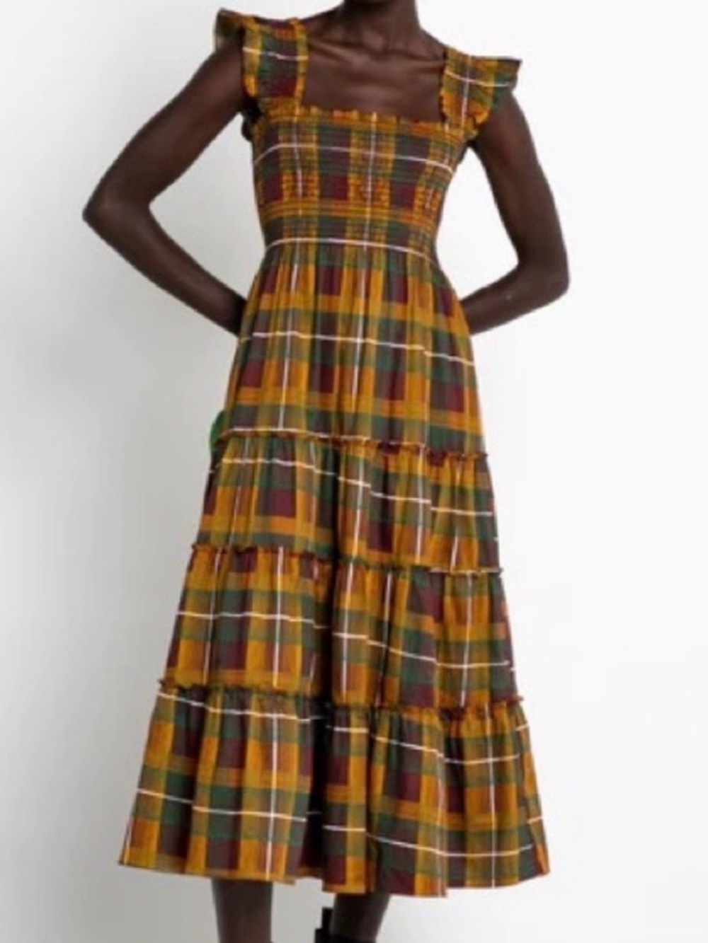 Tiered Smocked Midi Dress in Mustard Plaid